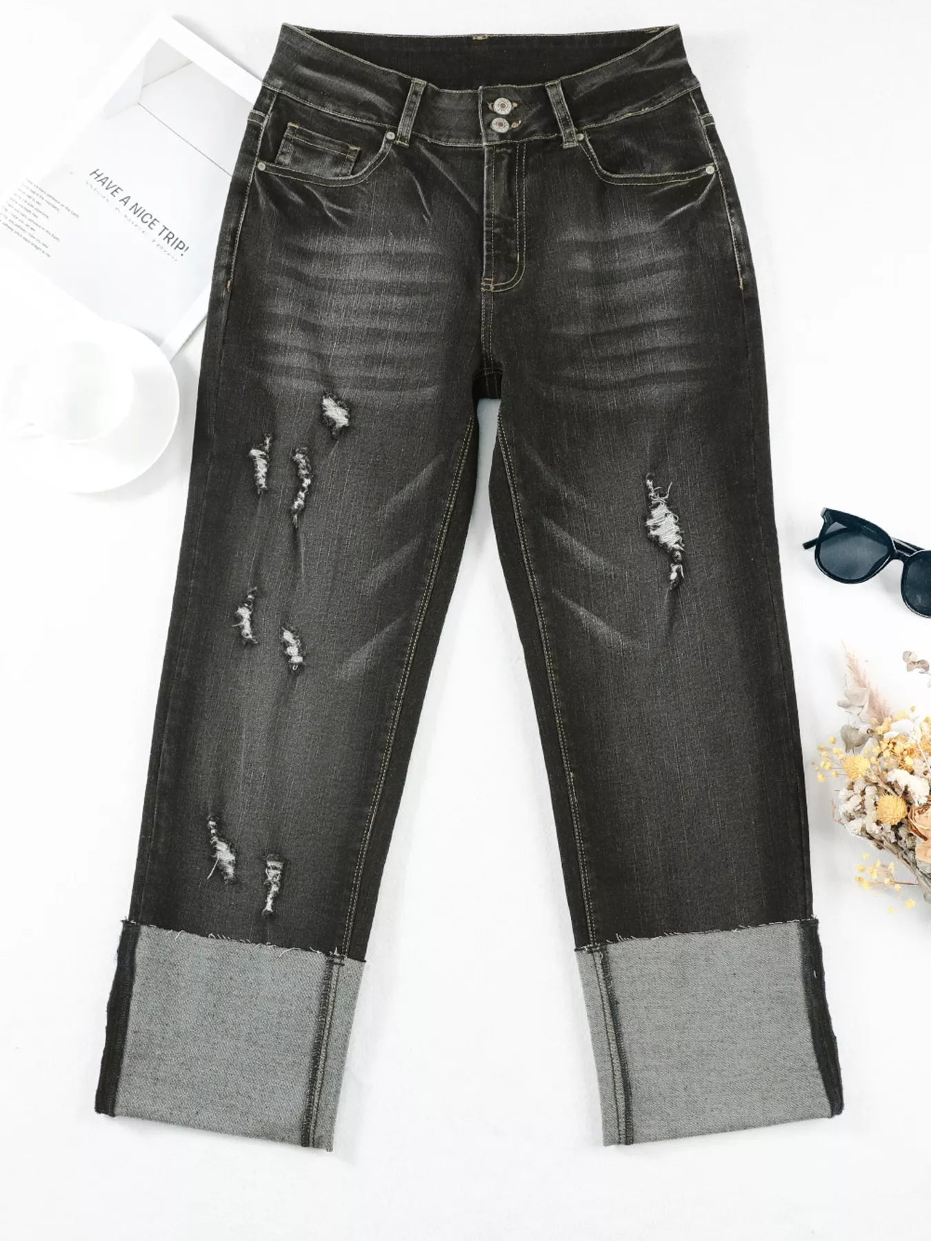 High waist distressed straight-leg jeans from Trendsi, featuring a classic denim look with ripped details and a high-rise fit.