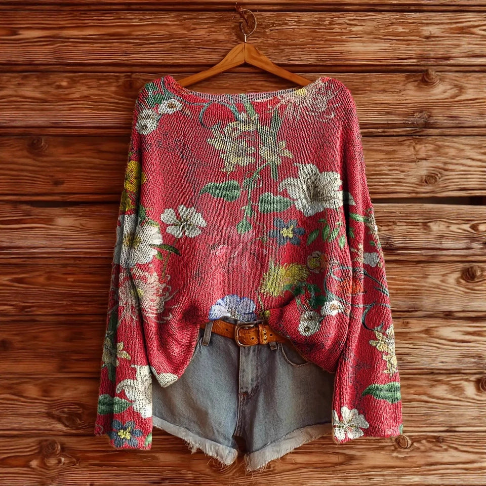 Women’s fall wildflower print long sleeve T-shirt by Plush Fashion Hub, casualwear with vibrant floral pattern and comfortable fit.