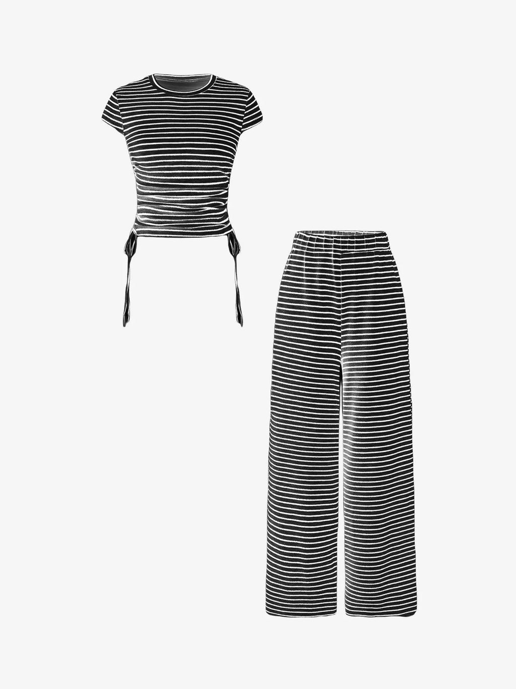Striped crop top and wide-leg pants set by Trendsi, casual dress with stylish horizontal stripe pattern and relaxed fit.