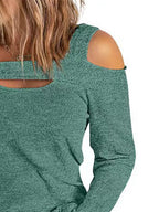 Women's elegant cold shoulder blouse by Trendsi featuring cutout design, chic casual polyester top with long sleeves and stylish fit.
