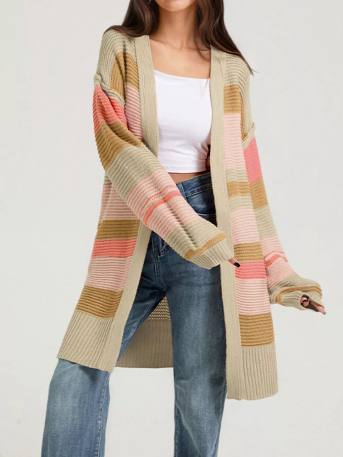 Color block striped open front cardigan by Trendsi, featuring bold color blocks and a relaxed fit, perfect for casual wear.
