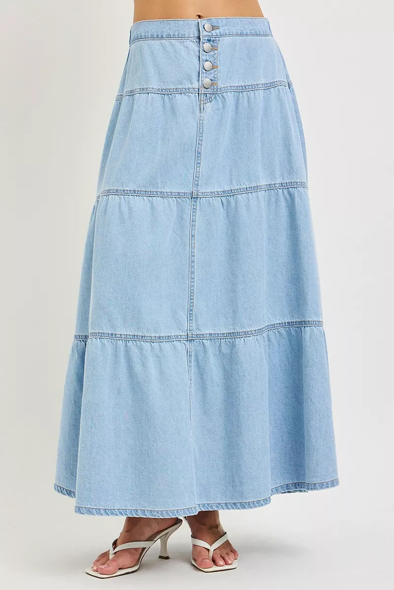 Plush Fashion Hub RISEN high-rise ruffle long skirt in flowing fabric with a feminine ruffle design, stylish and elegant for women.
