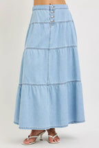 Plush Fashion Hub RISEN high-rise ruffle long skirt in flowing fabric with a feminine ruffle design, stylish and elegant for women.