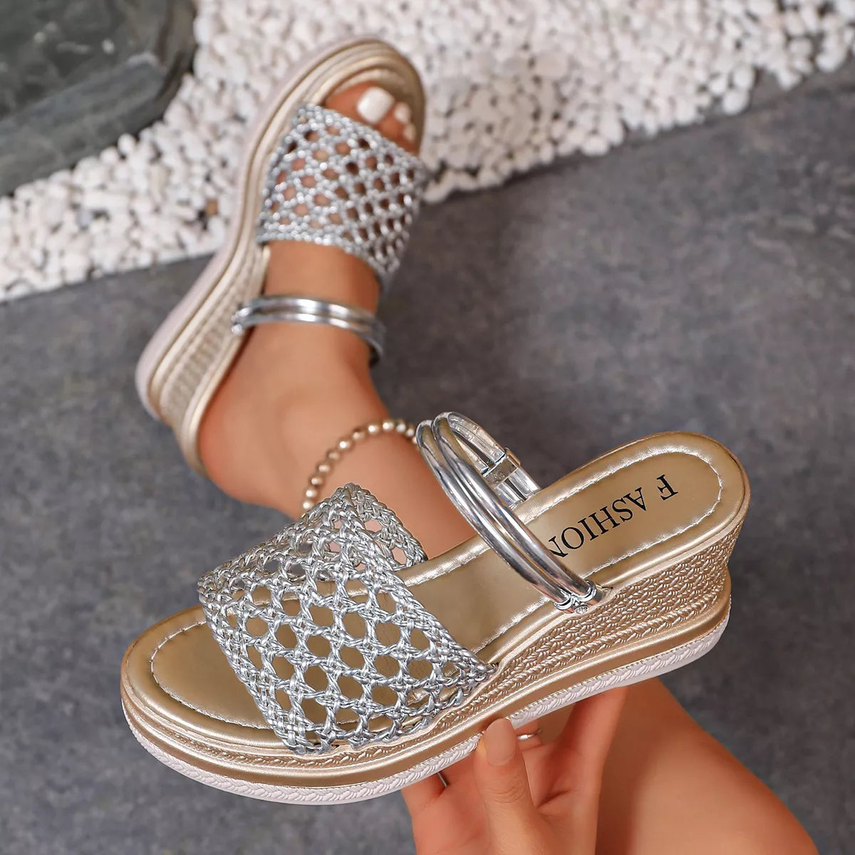 Shopimist open toe wedge sandals with a stylish beige design and chunky heel, perfect for summer casual wear.