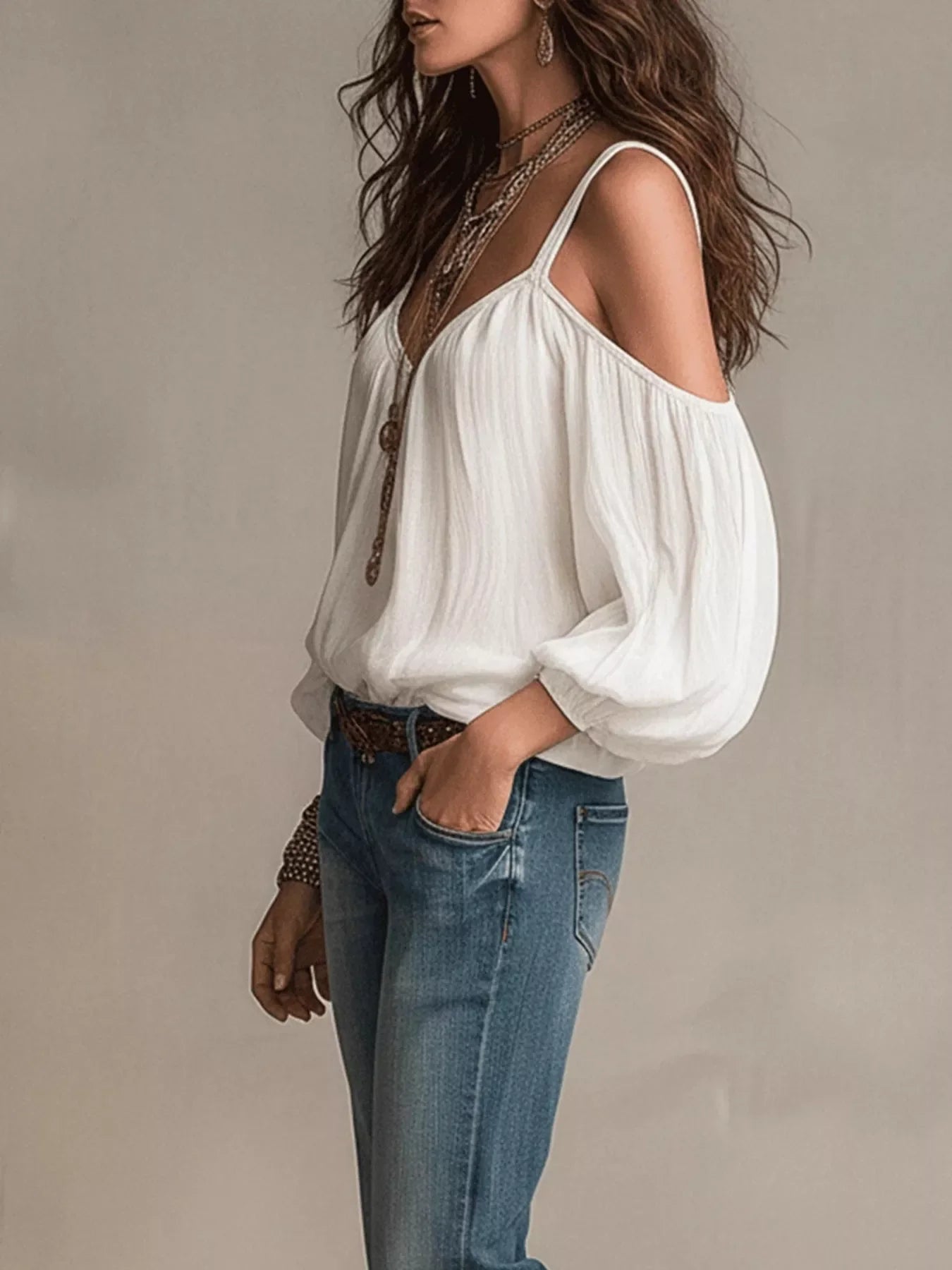 Plush Fashion Hub cold shoulder blouse with balloon sleeves, lightweight fabric, and stylish design perfect for casual or dressy occasions.