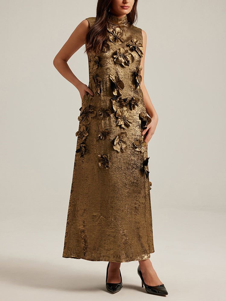 Three-dimensional floral sleeveless A-line dress in casualwear style by Plush Fashion Hub, featuring vibrant floral embroidery.