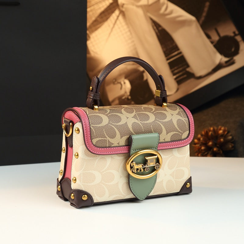Leather Small Square Bag for Women, Fashionable Magenta Color, Handheld Mini Bag, Elegant and Stylish, Shoulder Crossbody Bag