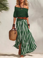Shopimist off shoulder top and striped maxi skirt set, featuring a stylish off-shoulder top paired with a flowing striped maxi skirt.