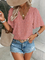 Women's V-neck lace-trim Swiss dot short-sleeve top by Plush Fashion Hub, casual loose fit, lightweight and feminine design.