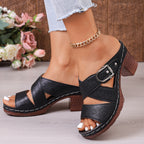 Women's open toe mid block heel sandal by Trendsi, featuring a stylish design with comfortable dressy casual shoe style.