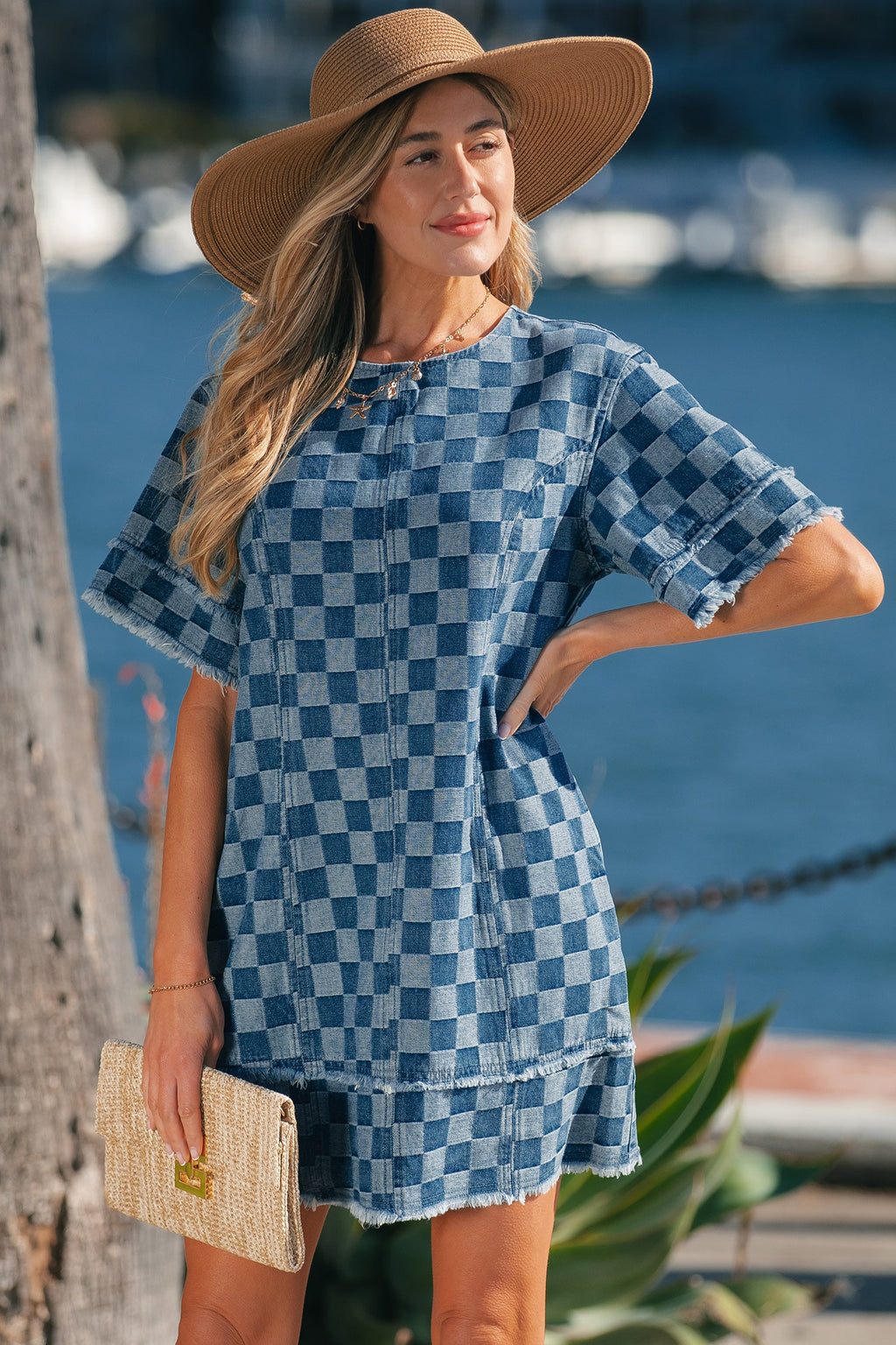 Threaded Pear Jessie Hem Checkered Mini Dress featuring a stylish checkered pattern and a trendy mini length.