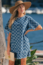 Threaded Pear Jessie Hem Checkered Mini Dress featuring a stylish checkered pattern and a trendy mini length.