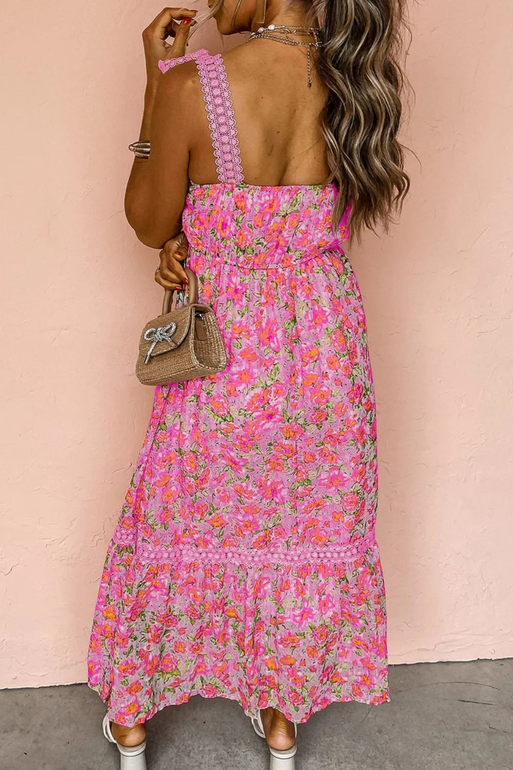 Floral lace wide strap square neck maxi dress in soft fabric, featuring intricate lace detailing and a flowing silhouette.