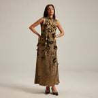 Three-dimensional floral sleeveless A-line dress by Plush Fashion Hub, showcasing intricate floral details and casual wear style.