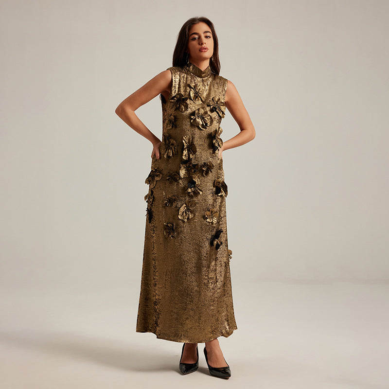 Three-dimensional floral sleeveless A-line dress by Plush Fashion Hub, showcasing intricate floral details and casual wear style.