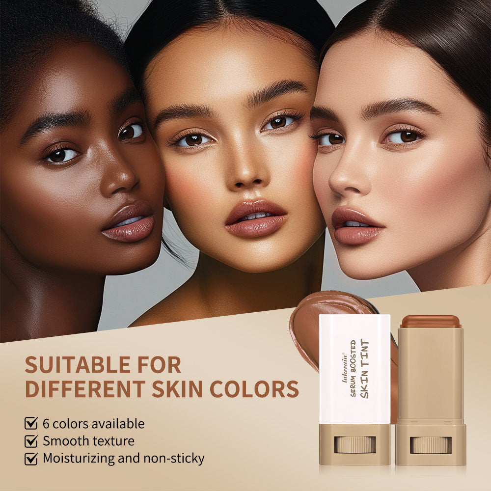 Three women with different skin tones display Lakerain skin tint, with text on a beige background.