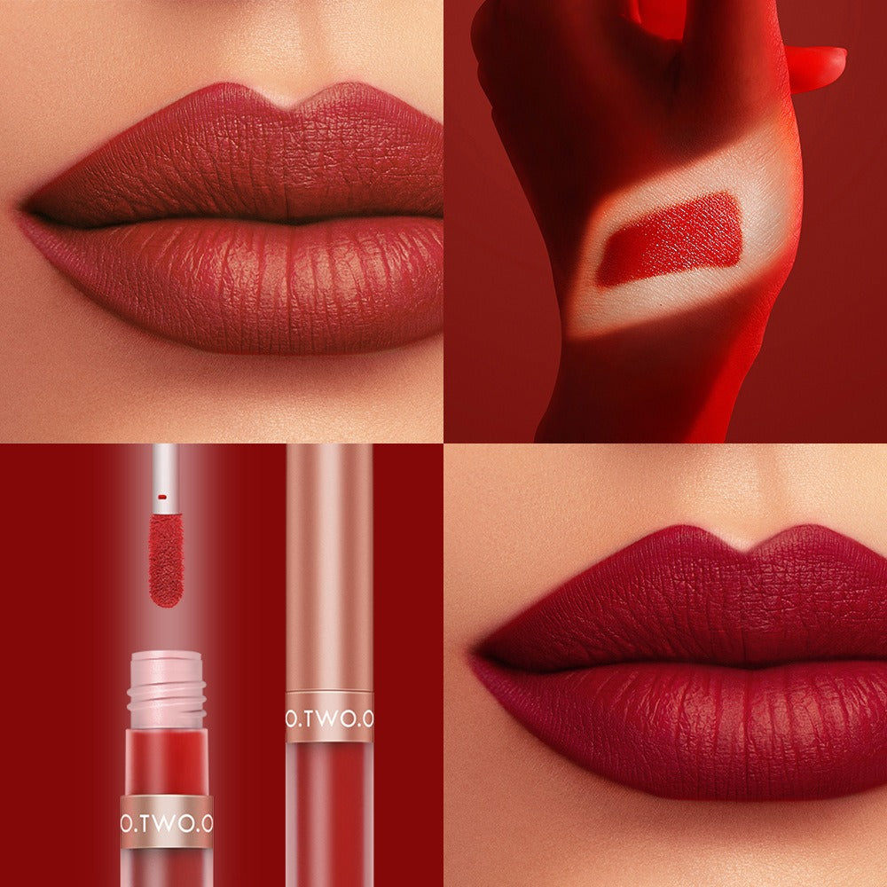 Four-panel display of O.TWO.O matte liquid lipstick in red, showing matte lips, hand swatch, and applicator.