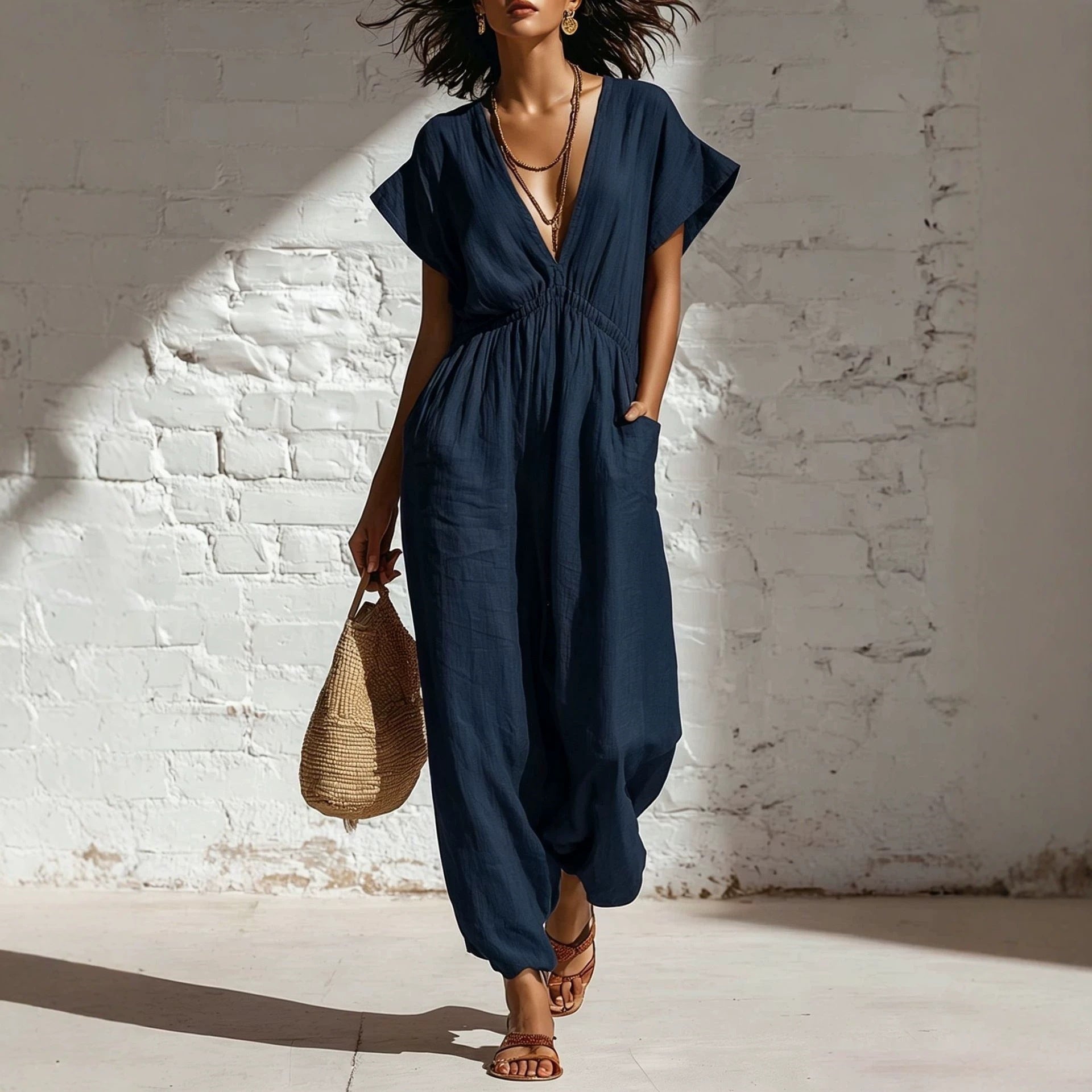 Women's deep V-neck three-quarter sleeve high waist wide-leg pants by FitiqueFit, shown in dark fabric with relaxed fit style.