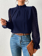 Women's chiffon blouse by Plush Fashion Hub with wave pattern, sheer long sleeves, mock neck, and ruffle cuffs.