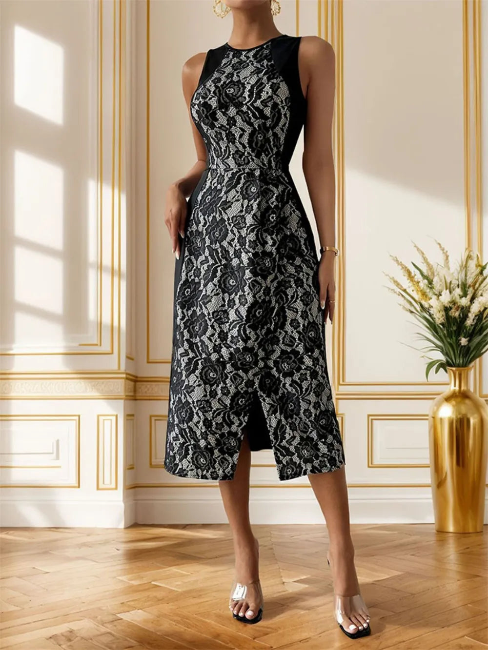 Sleeveless slit rose round neck midi dress from FitiqueFit, casualwear with a floral design and elegant flowy silhouette.