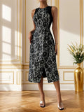 Sleeveless slit rose round neck midi dress from FitiqueFit, casualwear with a floral design and elegant flowy silhouette.