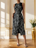 Sleeveless slit rose round neck midi dress from FitiqueFit, casualwear with a floral design and elegant flowy silhouette.