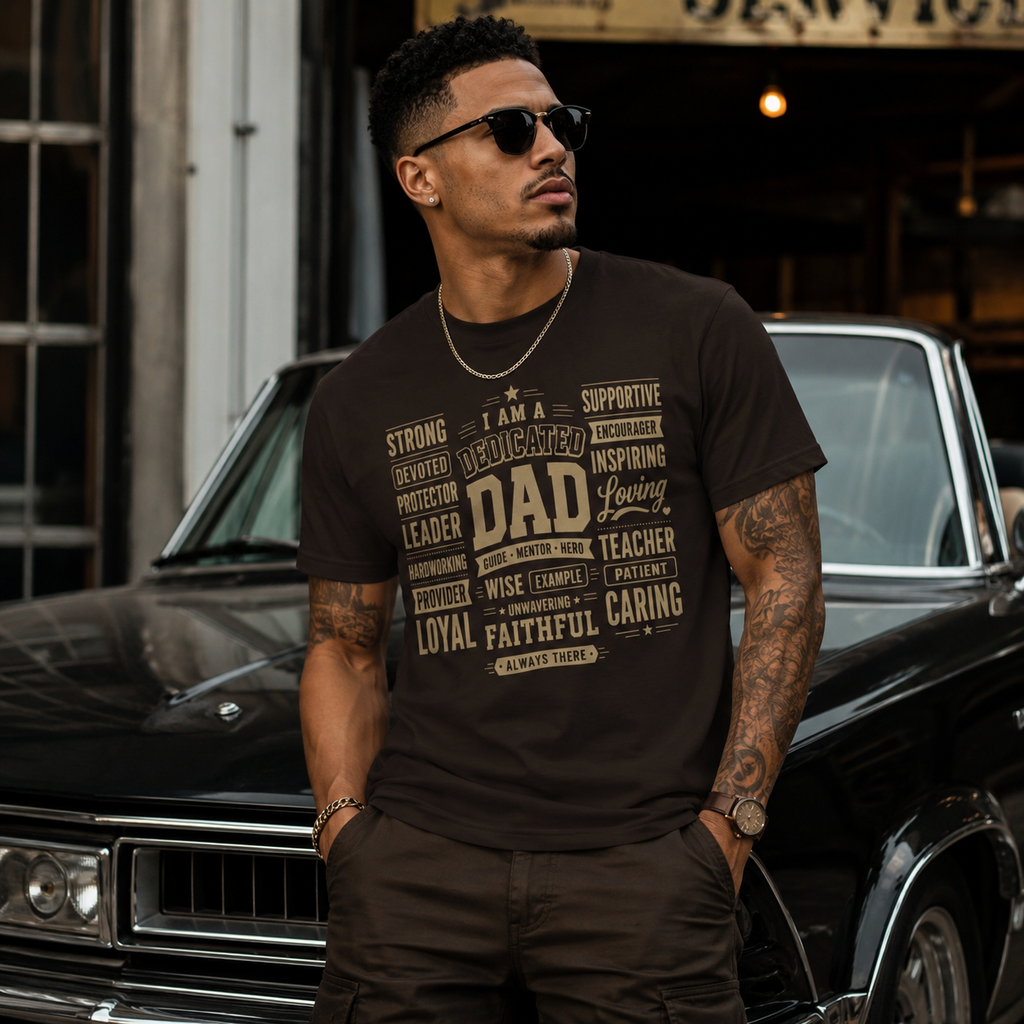 Wear Your Worship Dedicated Dad T-Shirt with "I Am More Than a Title" slogan, featuring comfortable cotton fabric and casual fit.