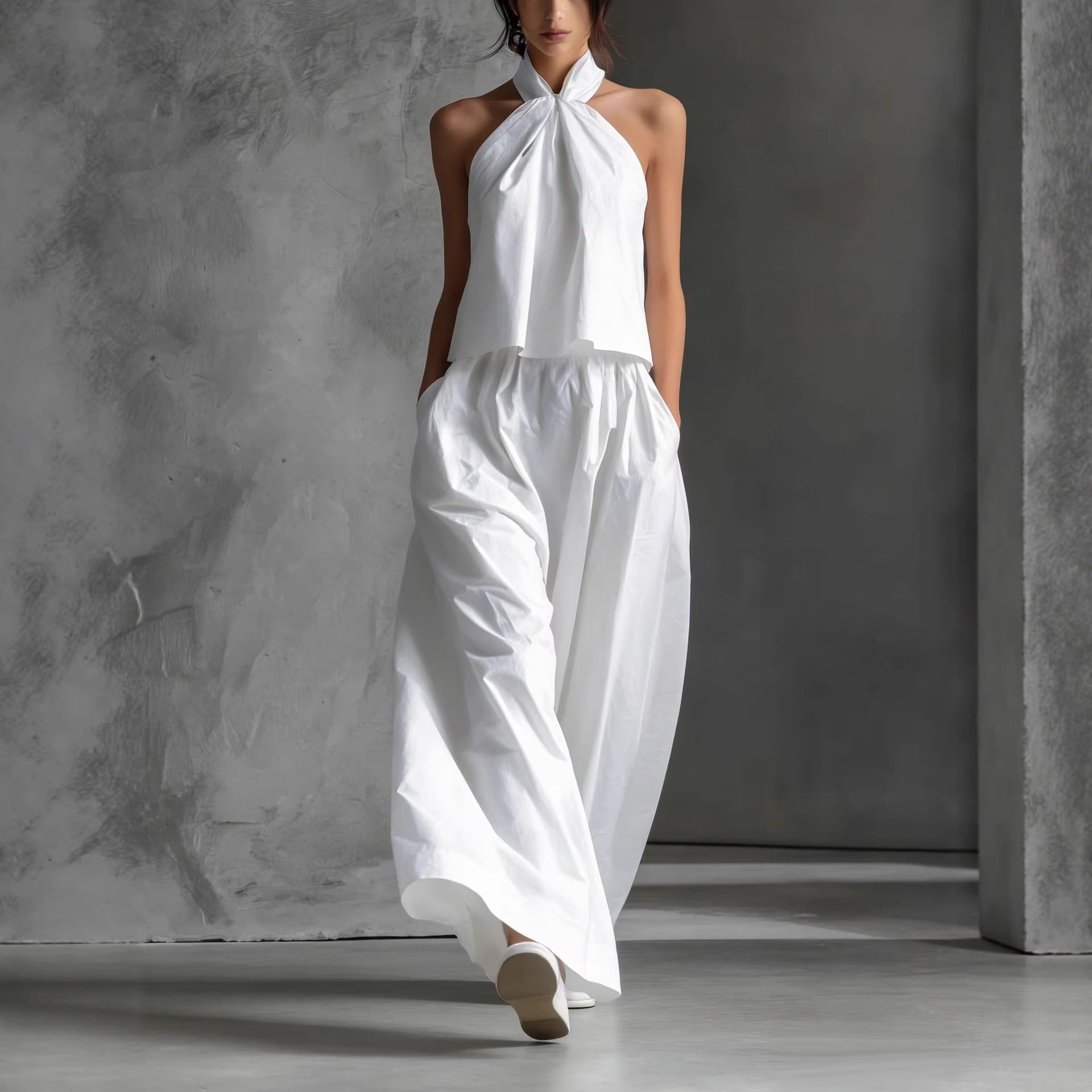 Women's loose sleeveless top and high-waist wide-leg pants set in four colors, casualwear by Plush Fashion Hub.