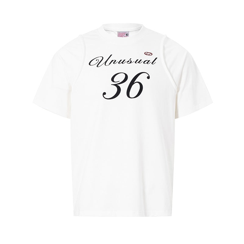 Eprolo deconstructing fake two short sleeve shirt with layered design, casual style, and neutral colors on a plain background.