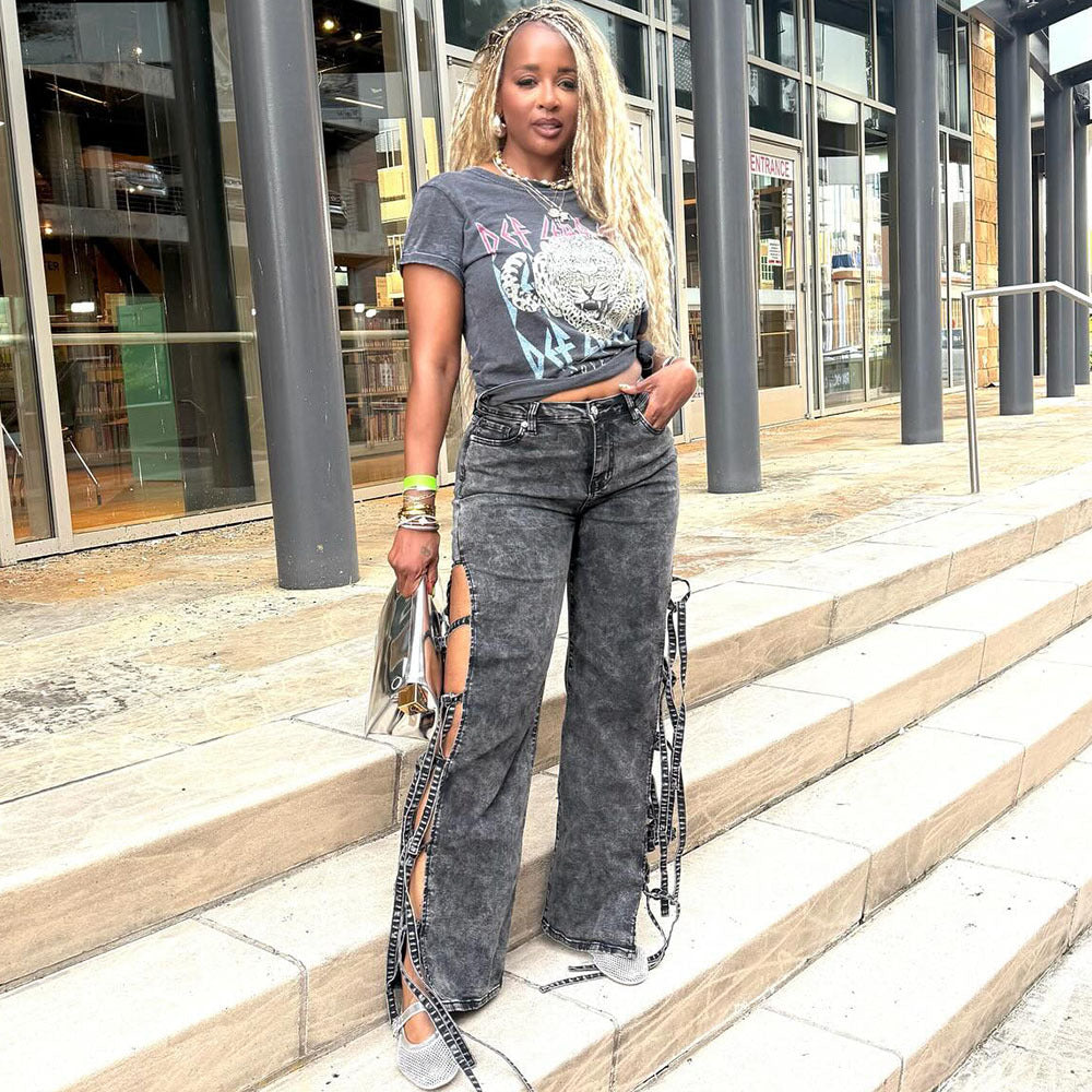 Women’s washed denim jeans with high waist, slit detail, and tie string from Plush Fashion Hub, long Western-style pants.