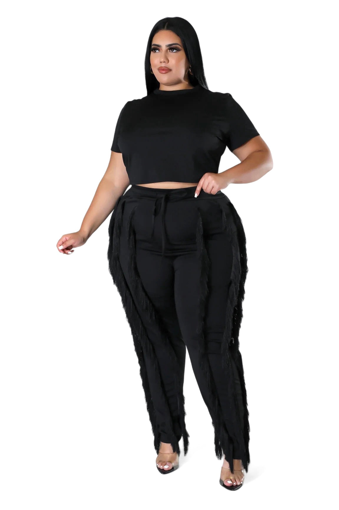 Curvy short sleeve top and tassel pants 2-piece set from The House of Stylez, stylish matching outfit for women.