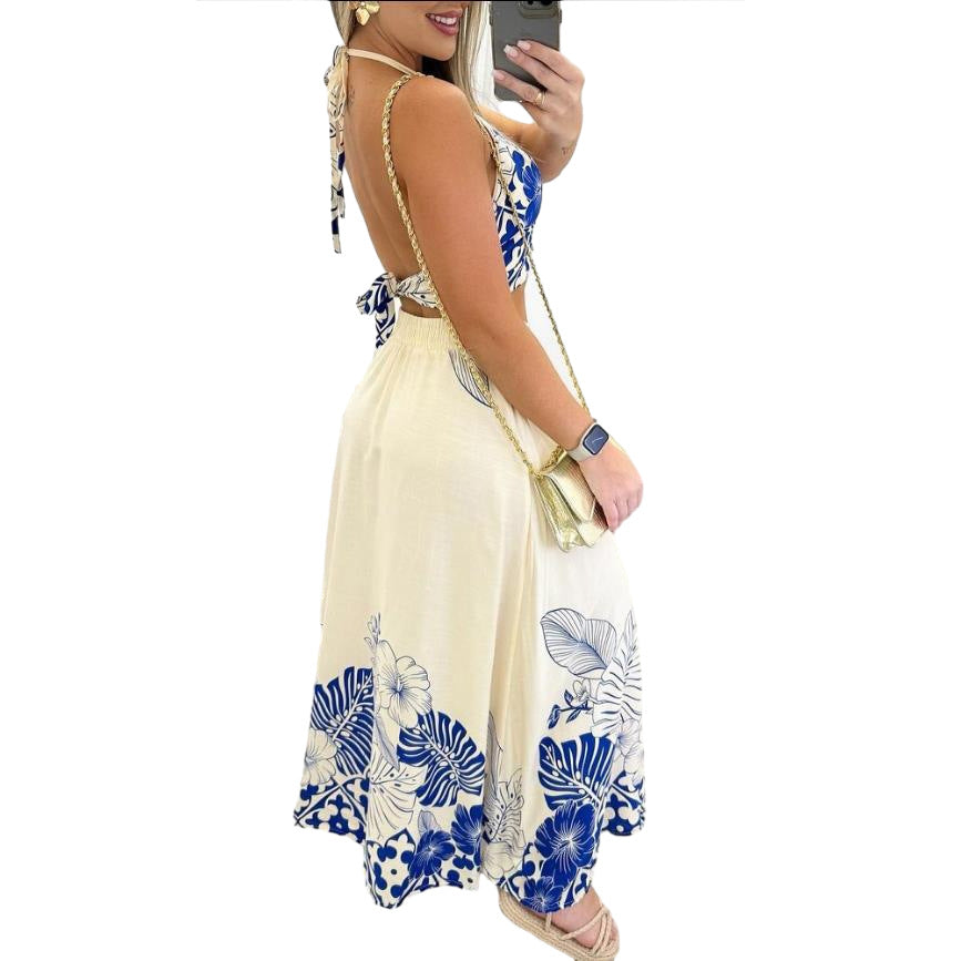 Backless hanging neck long skirt two-piece dress set by Plush Fashion Hub, featuring a stylish, elegant design with a flowing skirt.
