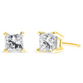 14K yellow gold diamond stud earrings with princess-cut near colorless diamonds, 4-prong setting, I-J color, I2-I3 clarity.