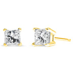 14K yellow gold diamond stud earrings with princess-cut near colorless diamonds, 4-prong setting, I-J color, I2-I3 clarity.