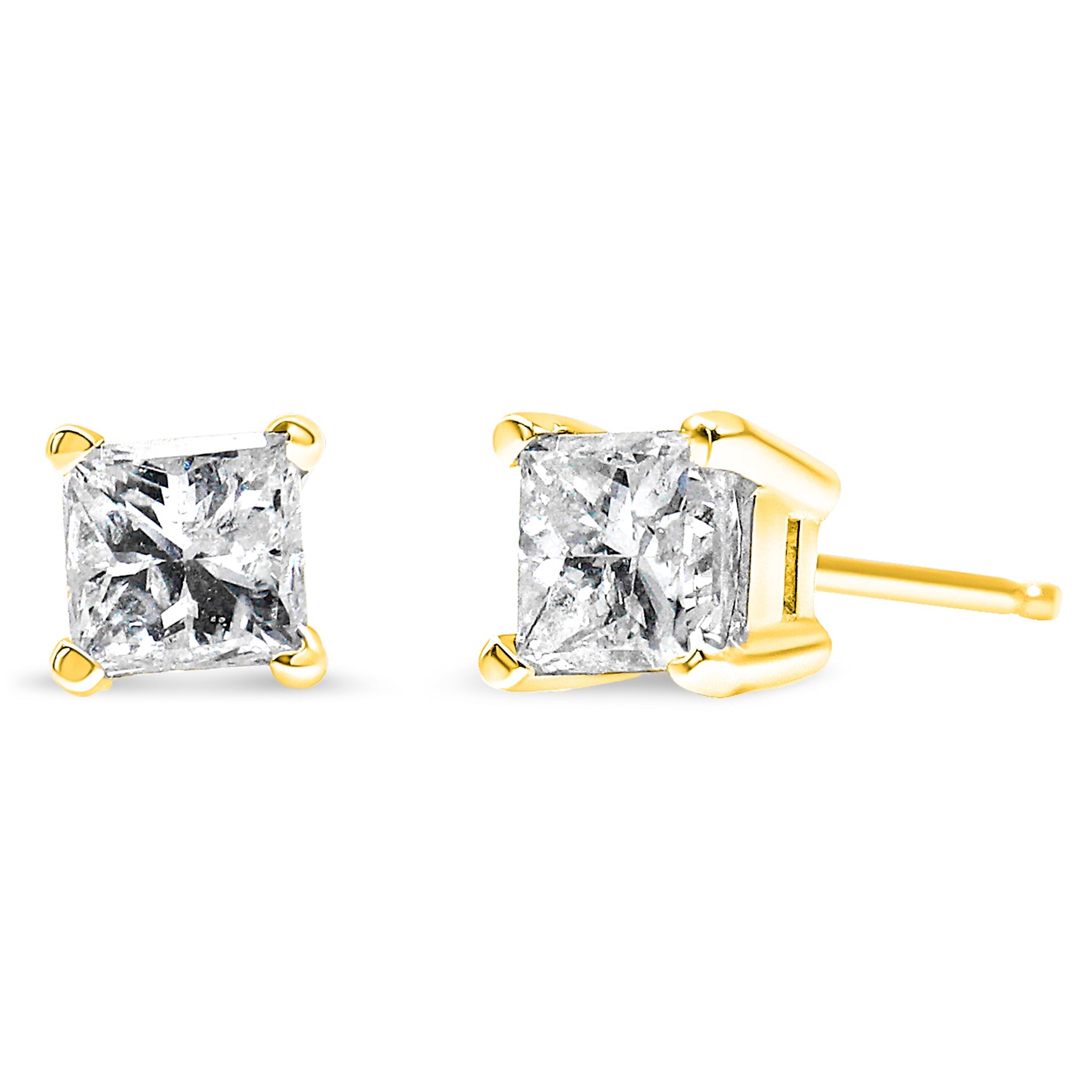 14K yellow gold diamond stud earrings with princess-cut near colorless diamonds, 4-prong setting, I-J color, I2-I3 clarity.