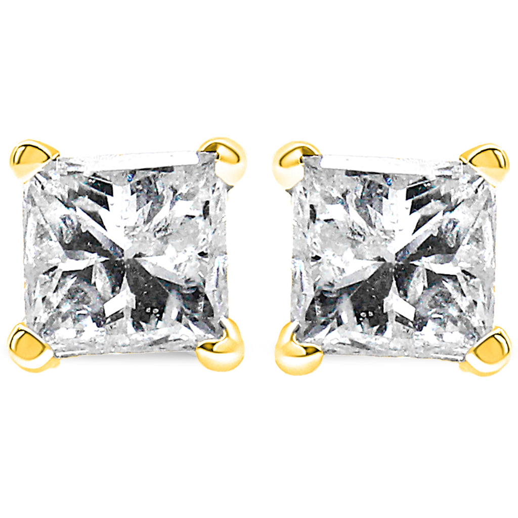 14K yellow gold diamond stud earrings with princess-cut near colorless diamonds, classic 4-prong setting, I-J color, I2-I3 clarity.
