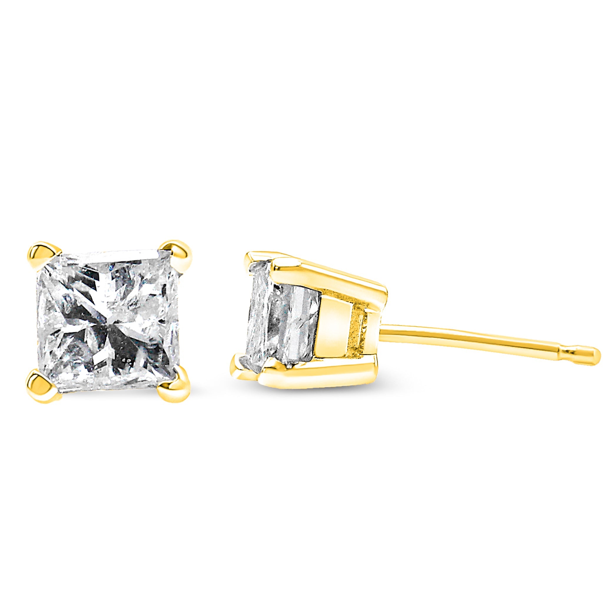 14K yellow gold princess-cut diamond stud earrings with near colorless I-J color and I2-I3 clarity, classic 4-prong design.