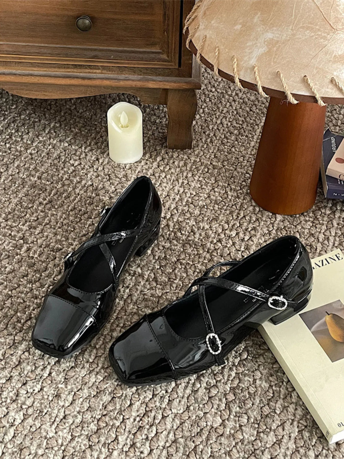 Women's Crisscross Buckle Square Toe Loafers by Trendsi, stylish black leather shoes with buckle detail and comfortable square toe design.