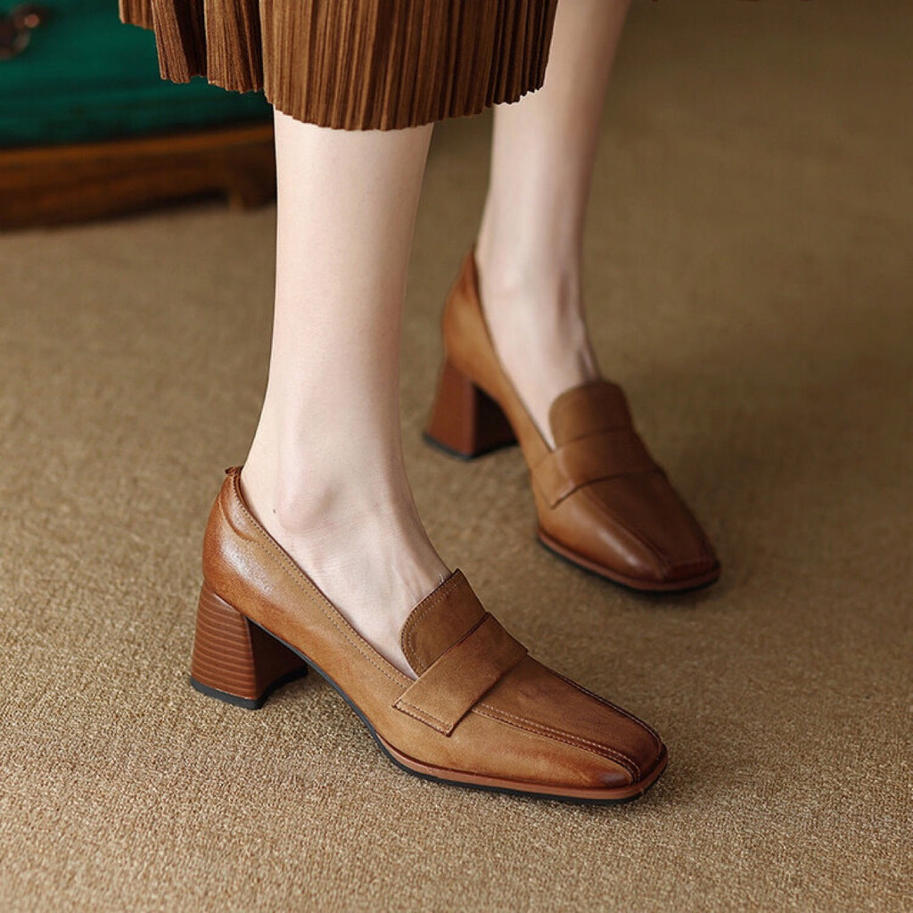 Women's plush sheepskin square toe chunky heel pumps by Plush Fashion Hub, stylish retro high heel dress shoes.