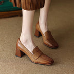Women's plush sheepskin square toe chunky heel pumps by Plush Fashion Hub, stylish retro high heel dress shoes.