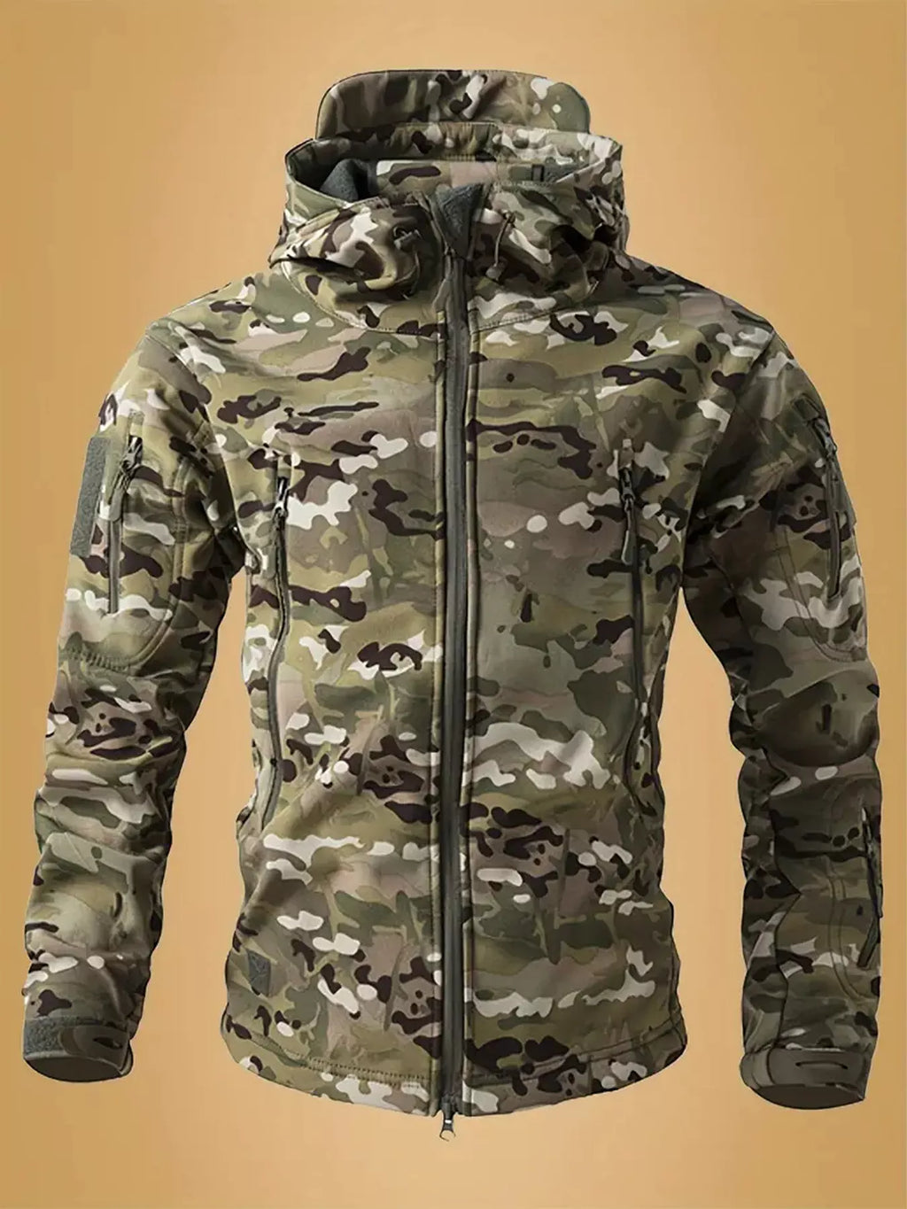 Men's camouflage zip-up hooded jacket by Shopimist, featuring a front zipper and adjustable hood, casual outdoor wear.