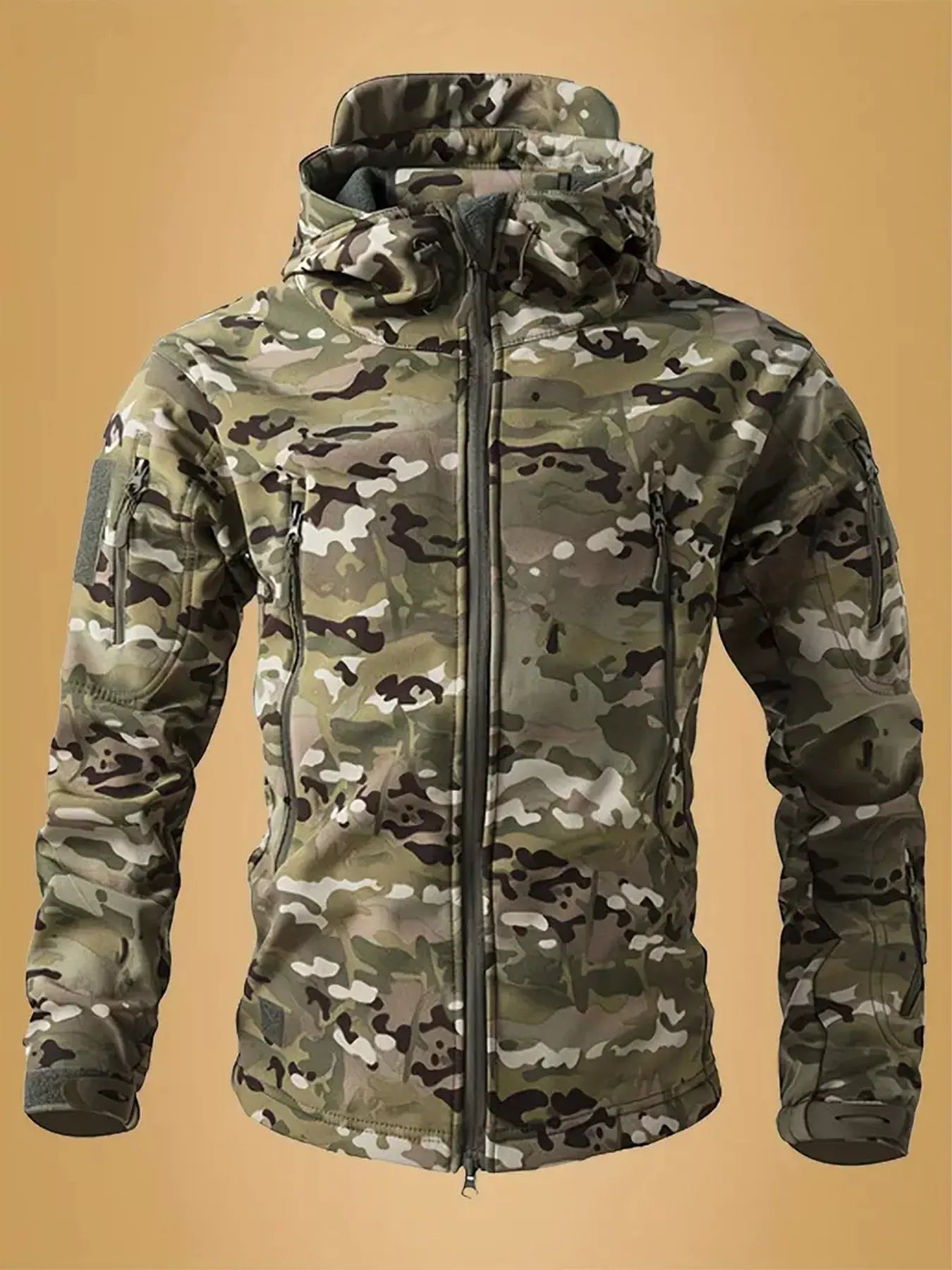 Men's camouflage zip-up hooded jacket by Shopimist, featuring a front zipper and adjustable hood, casual outdoor wear.
