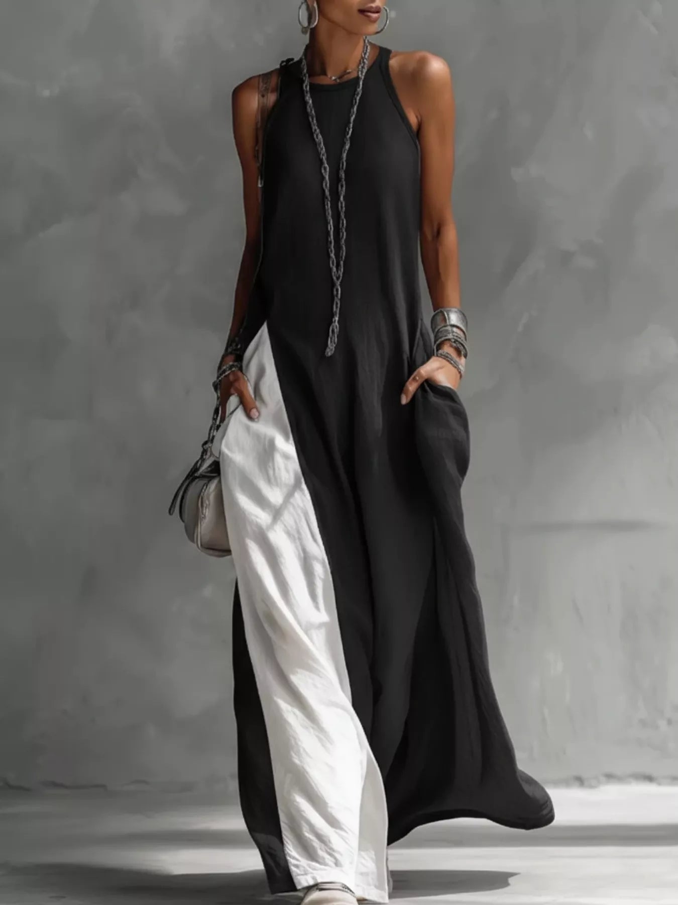 Two-tone sleeveless maxi dress by Plush Fashion Hub featuring a casual, elegant floor-length summer gown with a flowing silhouette.