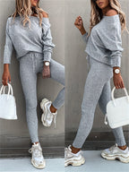 FitiqueFit long-sleeve pullover and high-waist drawstring pants two-piece set, casual loungewear in neutral tones