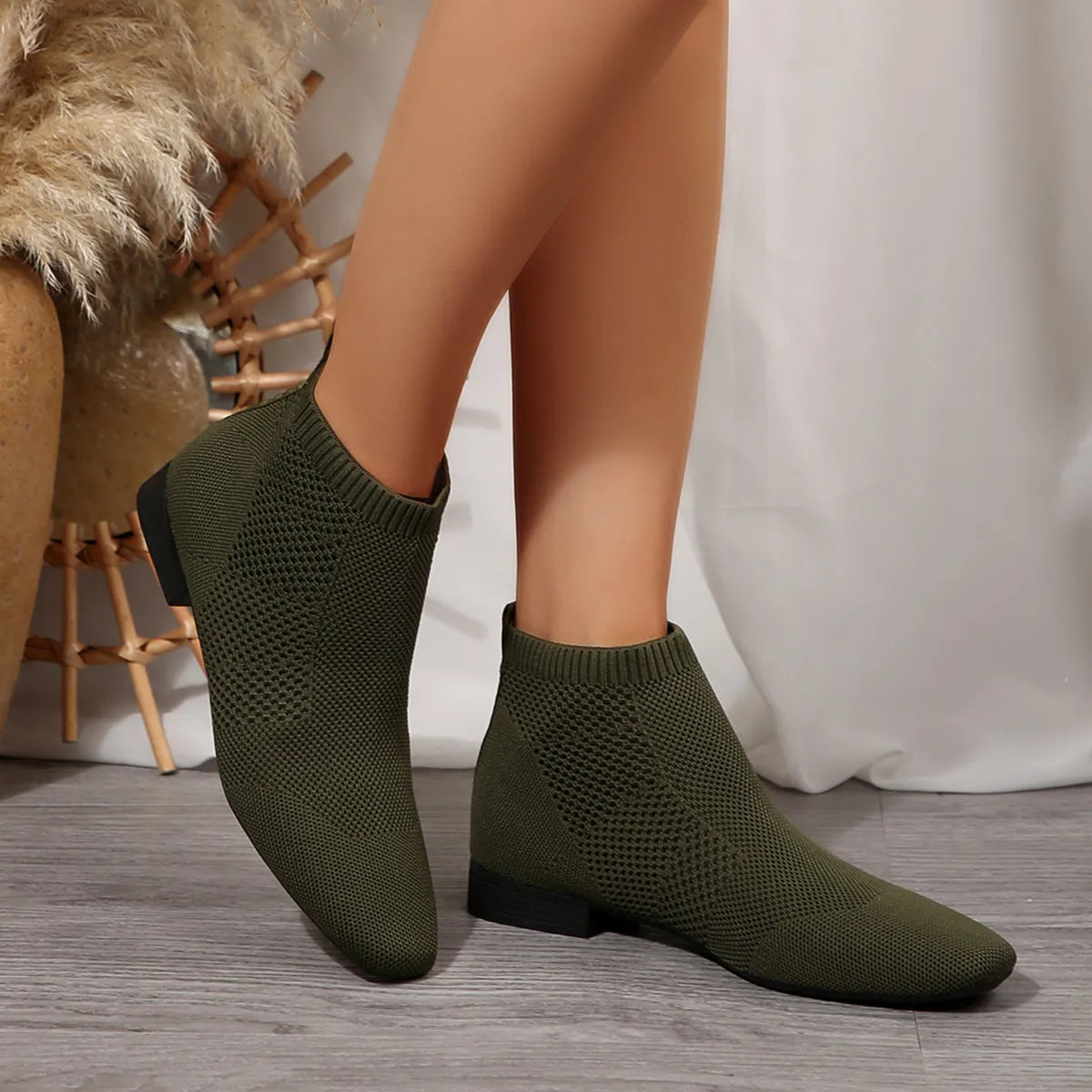 Women's mesh knit ankle boots with stretch comfort fit, stylish trendy shoes from Trendsi, featuring breathable knit material.