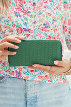 Threaded Pear Finley zip-around long wallet in black leather, showing multiple card slots and spacious cash compartment.
