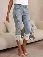 Lace-trimmed Capri jeans by Shopimist featuring classic denim fabric and decorative lace details at the hem.