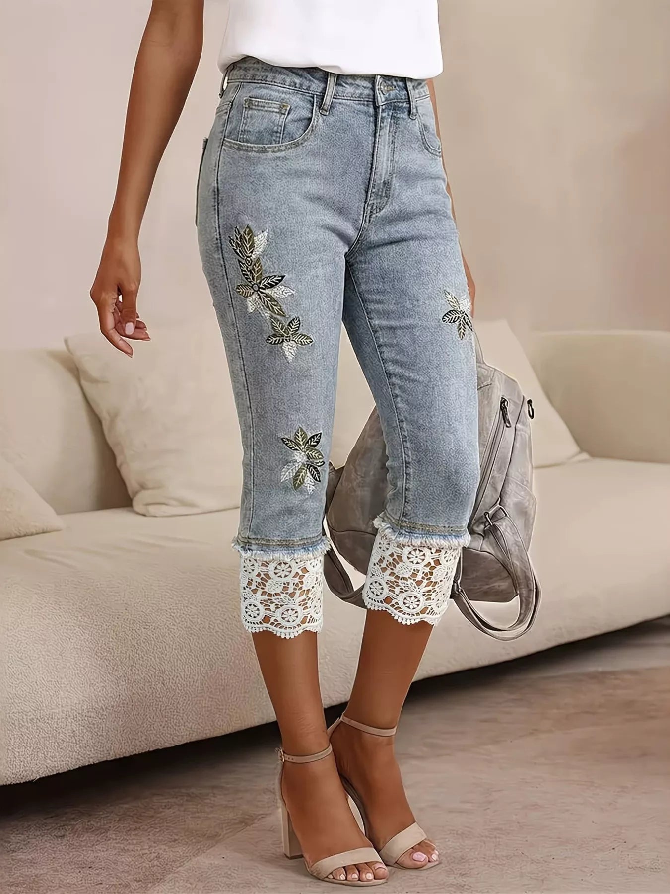 Lace-trimmed Capri jeans by Shopimist featuring classic denim fabric and decorative lace details at the hem.