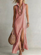 Striped sleeveless maxi dress with stand collar and side slits, casual FitiqueFit A-line cami dress on a hanger.