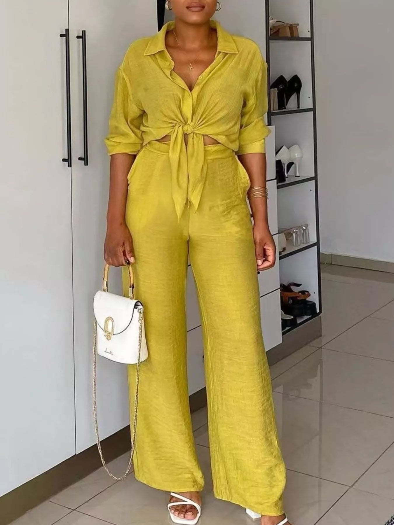 Plush Fashion Hub tie-front top and wide-leg pants set in soft fabric, shown on a model with neutral background.